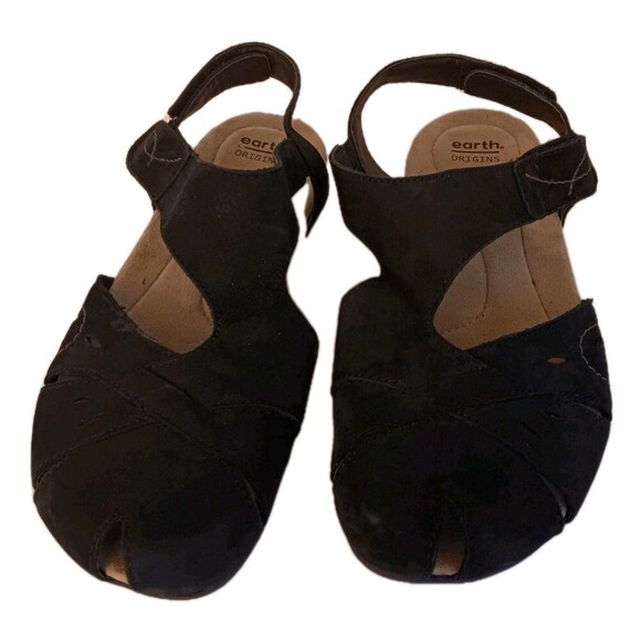 Earth Origins Black Birdine Size 8W Suede Flat Cork Bottom Hook/Loop Sandals - Picture 1 of 8